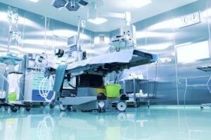 Surgery room with bed and medical equipment